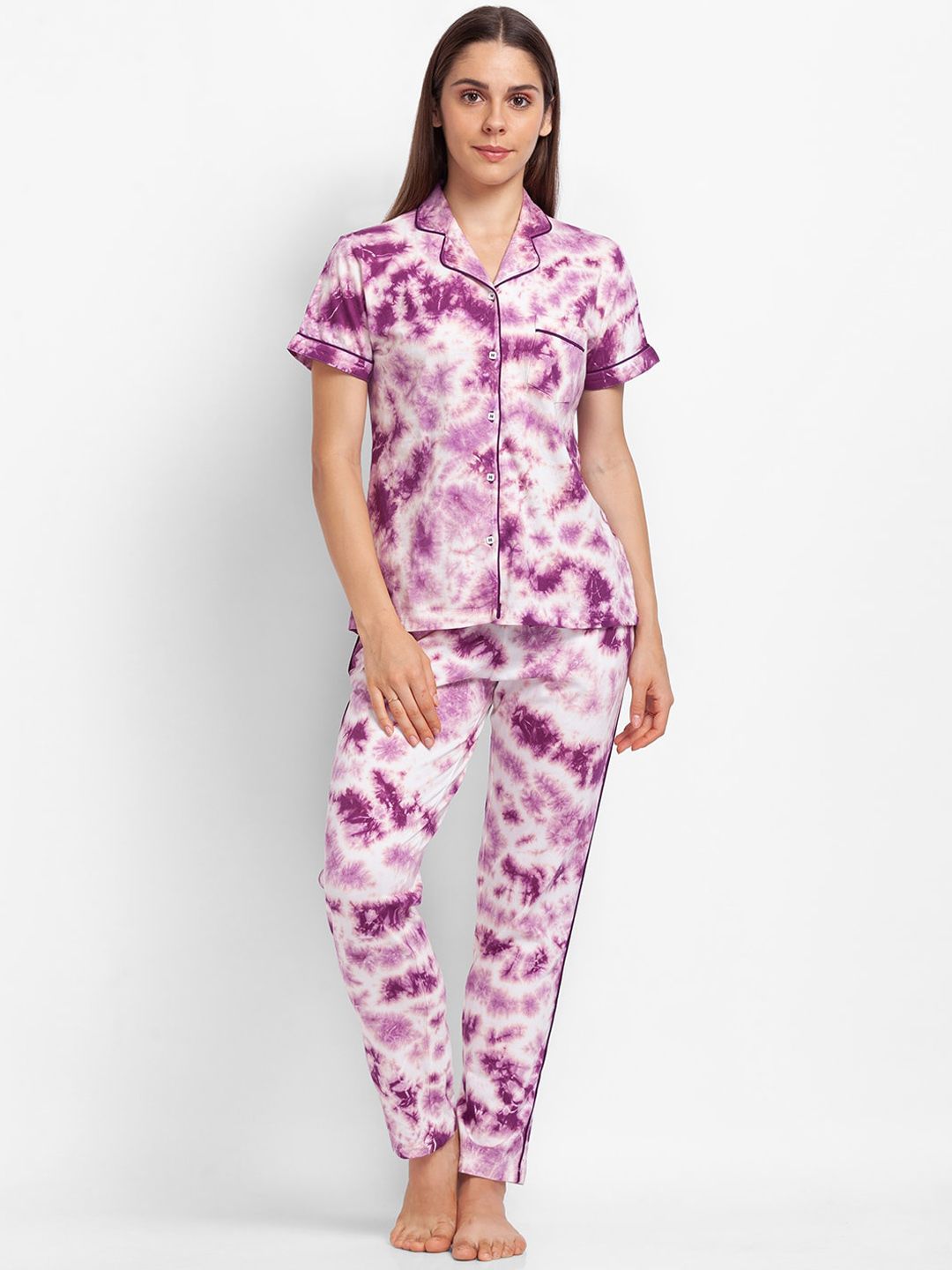 XIN Women Purple & White Tie & Dye Printed Pure Cotton Night Suit Price in India