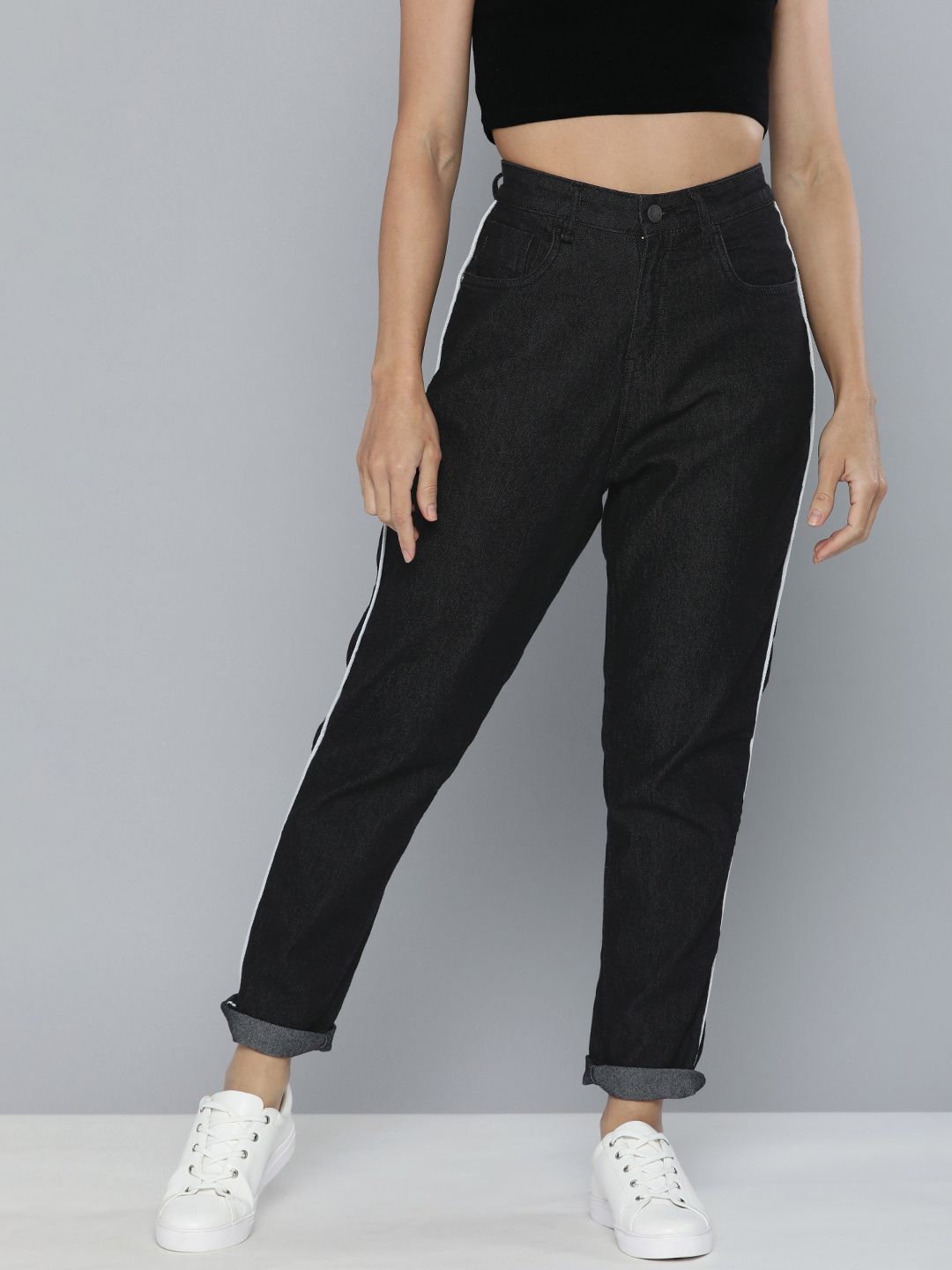 Mast & Harbour Women Black Boyfriend Fit Stretchable Jeans With Side Stripe Price in India