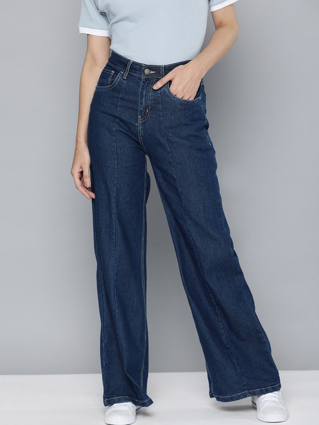 Mast & Harbour Women Blue Wide Leg Mid-Rise Light Fade Stretchable Jeans Price in India