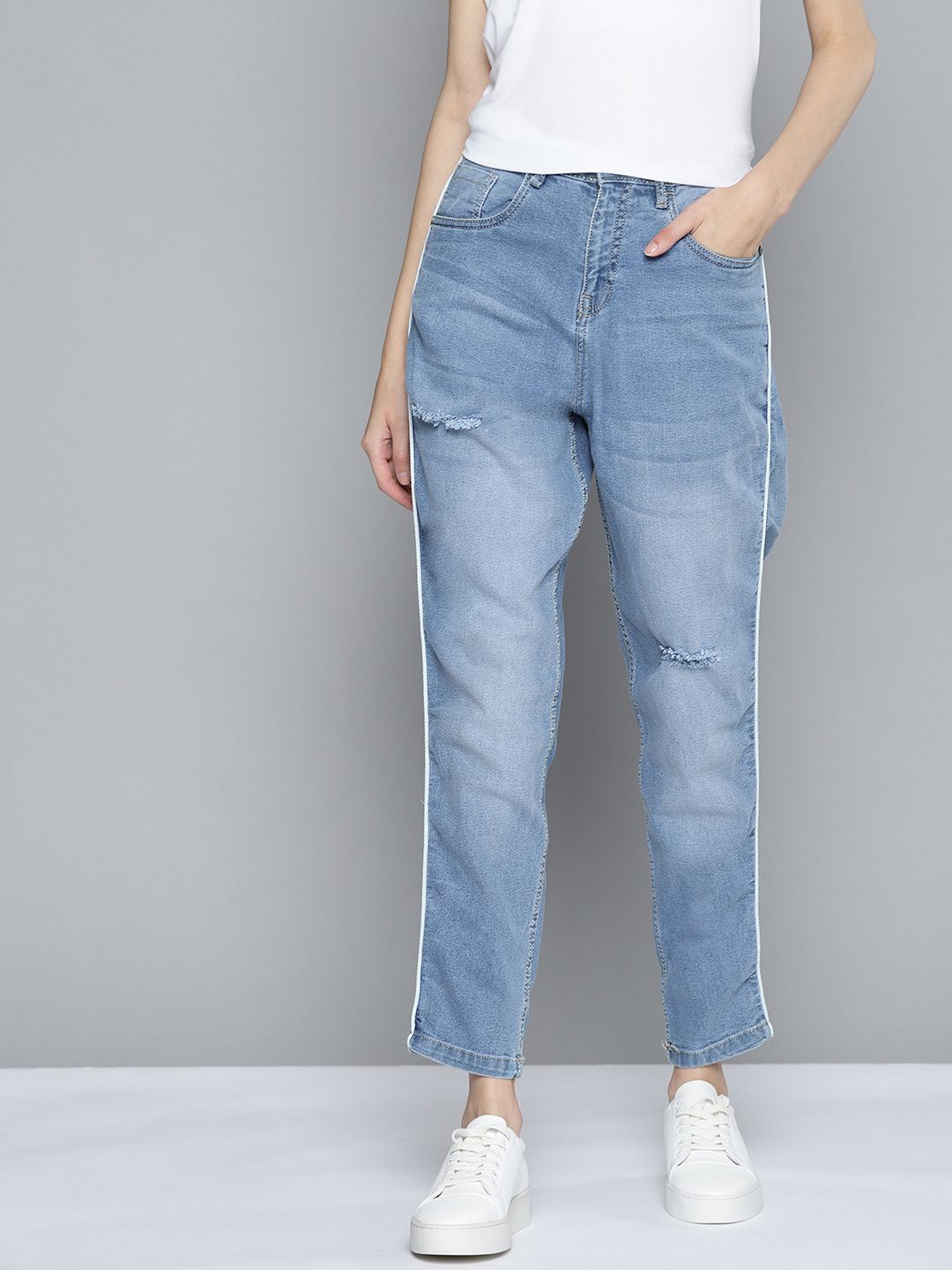 Mast & Harbour Women Blue Boyfriend Fit Low Distress Light Fade Stretchable Jeans Price in India