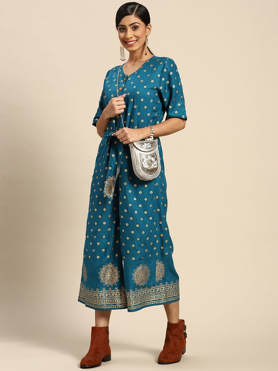 Sangria Teal Blue & Golden Printed Culotte Jumpsuit Price in India