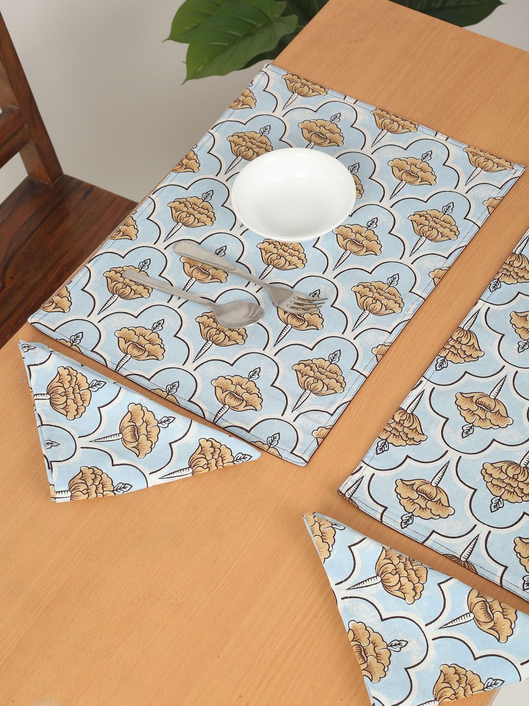 Rajasthan Decor Set of 12 Blue & Brown Printed Cotton  Table Mat & Napkin Set Price in India