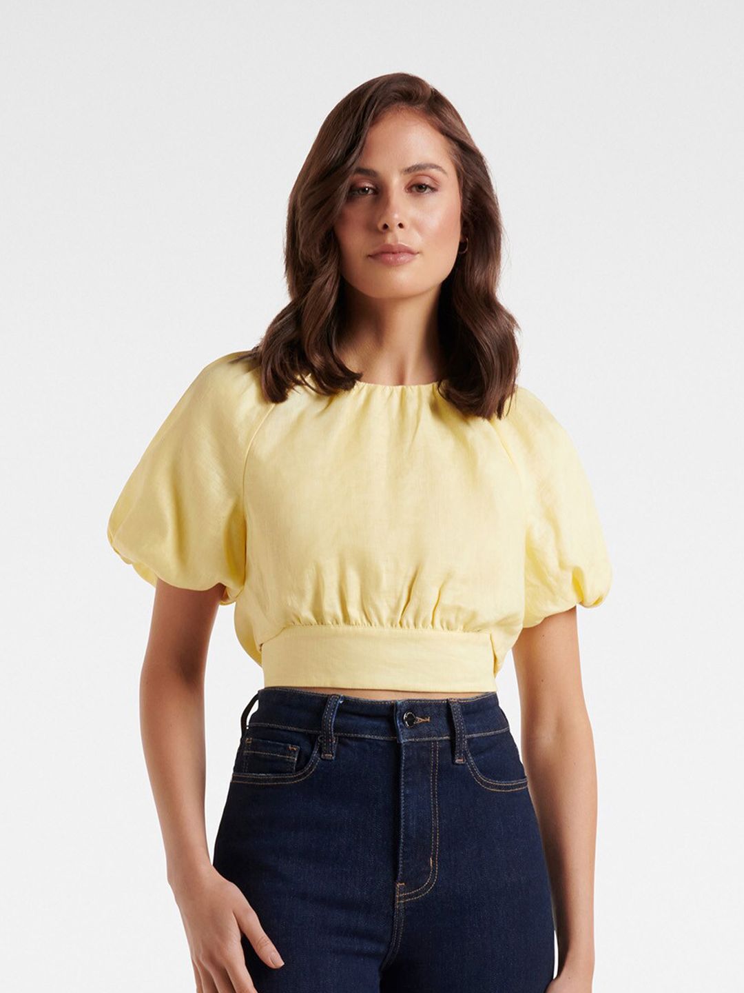 Forever New Yellow Linen Blouson Crop Top Price in India