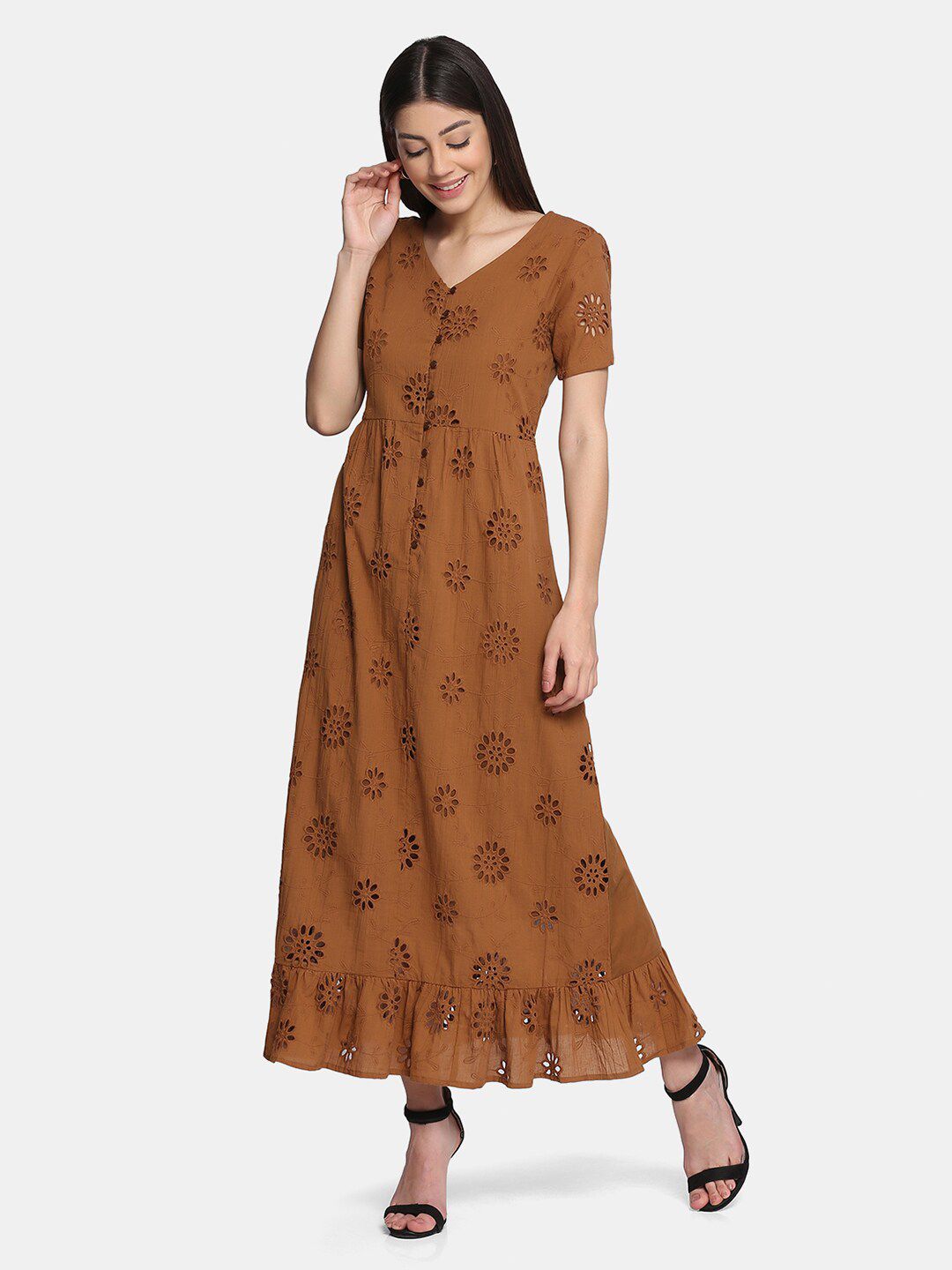 Saanjh Brown Floral Embroidered Maxi Dress Price in India