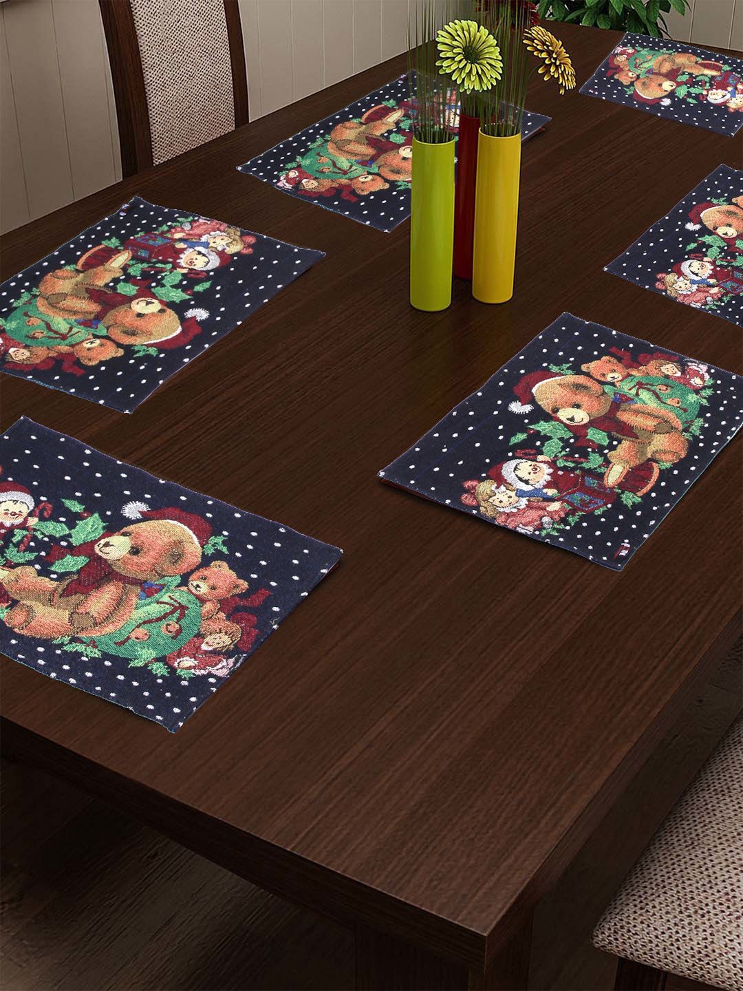 KLOTTHE Set of 6 Blue & Brown Printed Cotton Table Place-mats Price in India