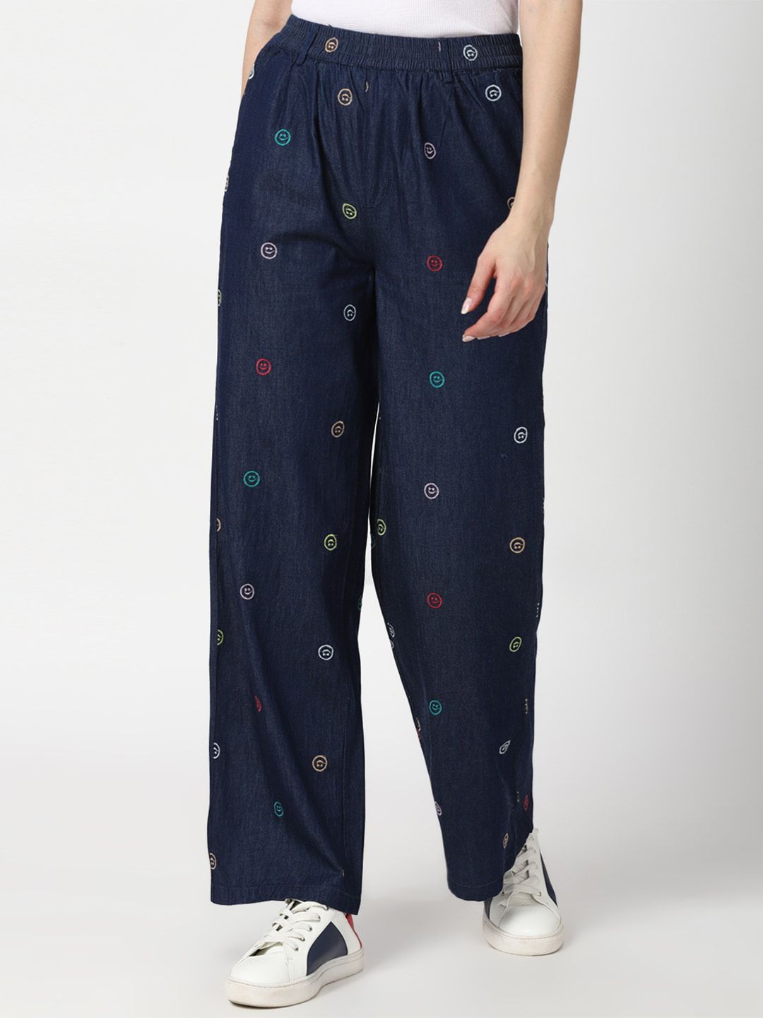 FOREVER 21 Women Navy Blue Printed Trousers Price in India
