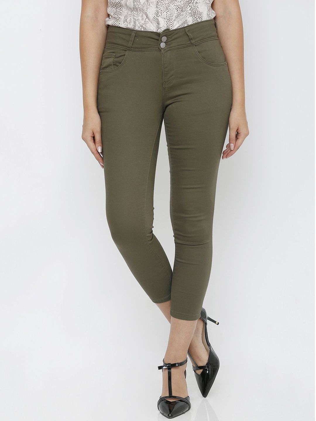 Kraus Jeans Women Olive Green Cotton Skinny Fit Jeans Price in India