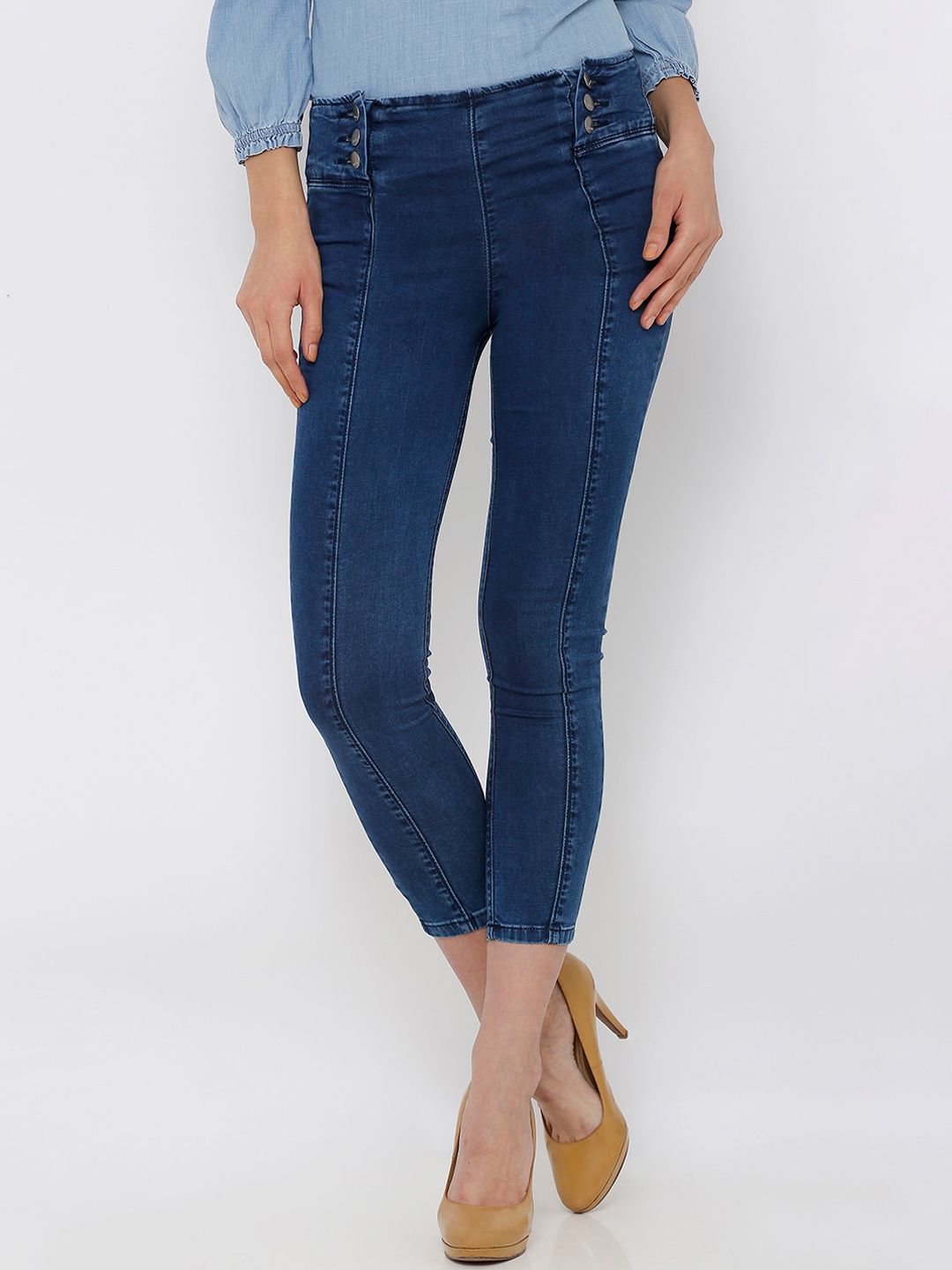 Kraus Jeans Women Blue Skinny Fit High-Rise Low Distress Jeans Price in India