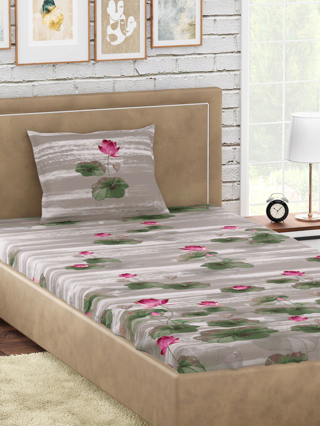 PETAL HOME Beige & Green Floral 300 TC Single Bedsheet with 1 Pillow Covers Price in India