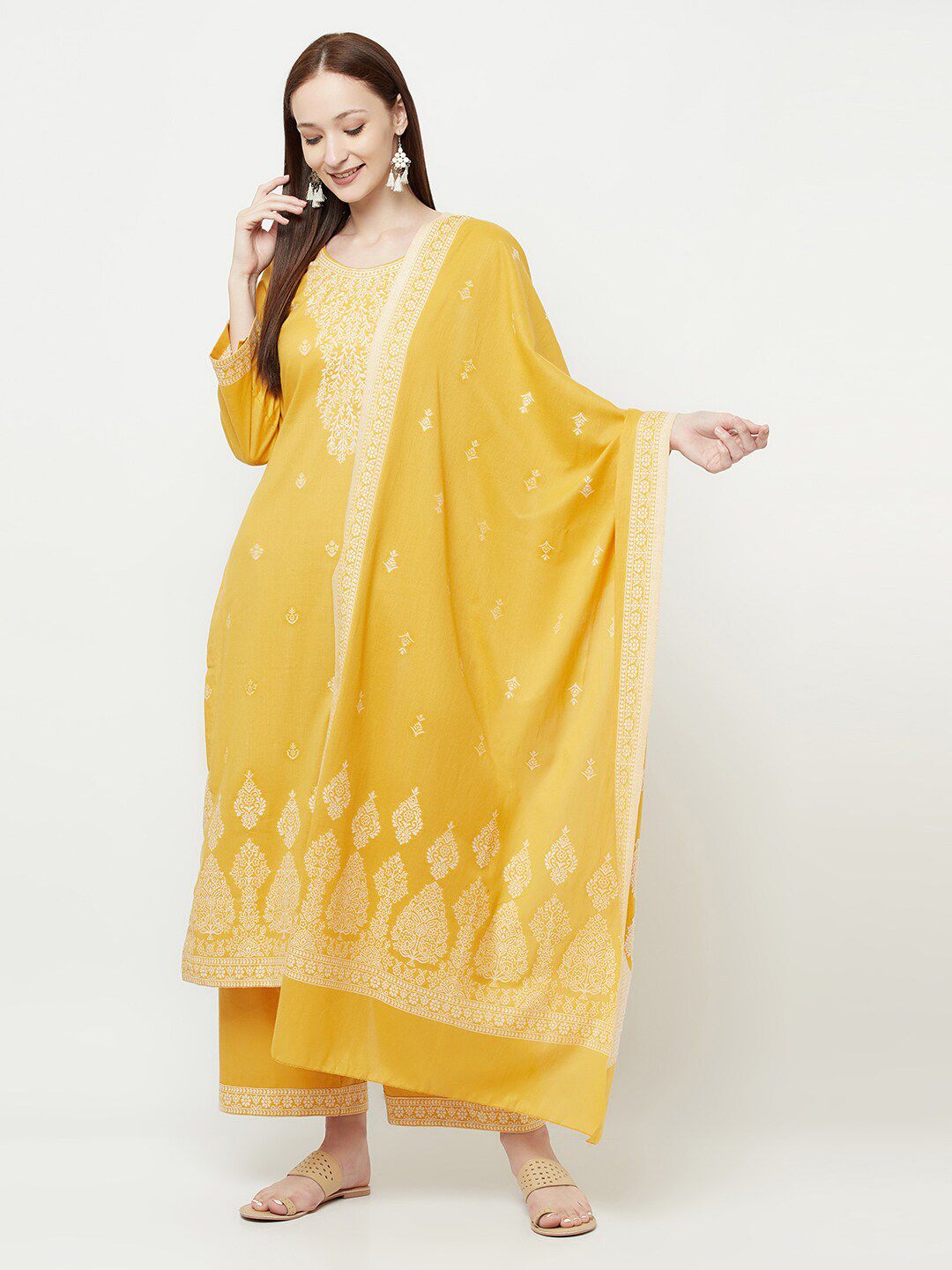 Safaa Yellow & White Unstitched Dress Material Price in India