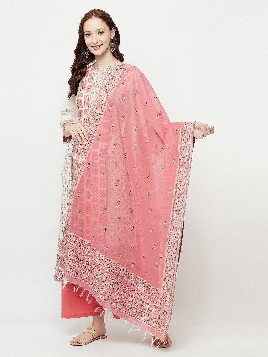 Safaa White & Peach-Coloured Unstitched Dress Material Price in India