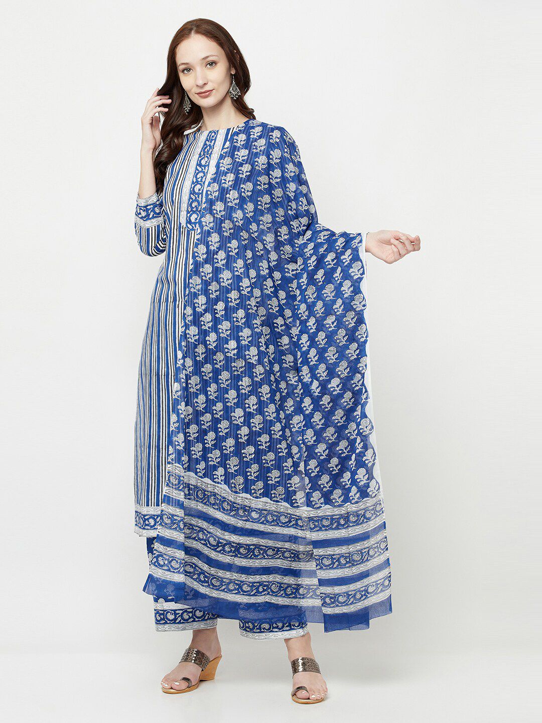 Safaa Blue & White Printed Unstitched Dress Material Price in India