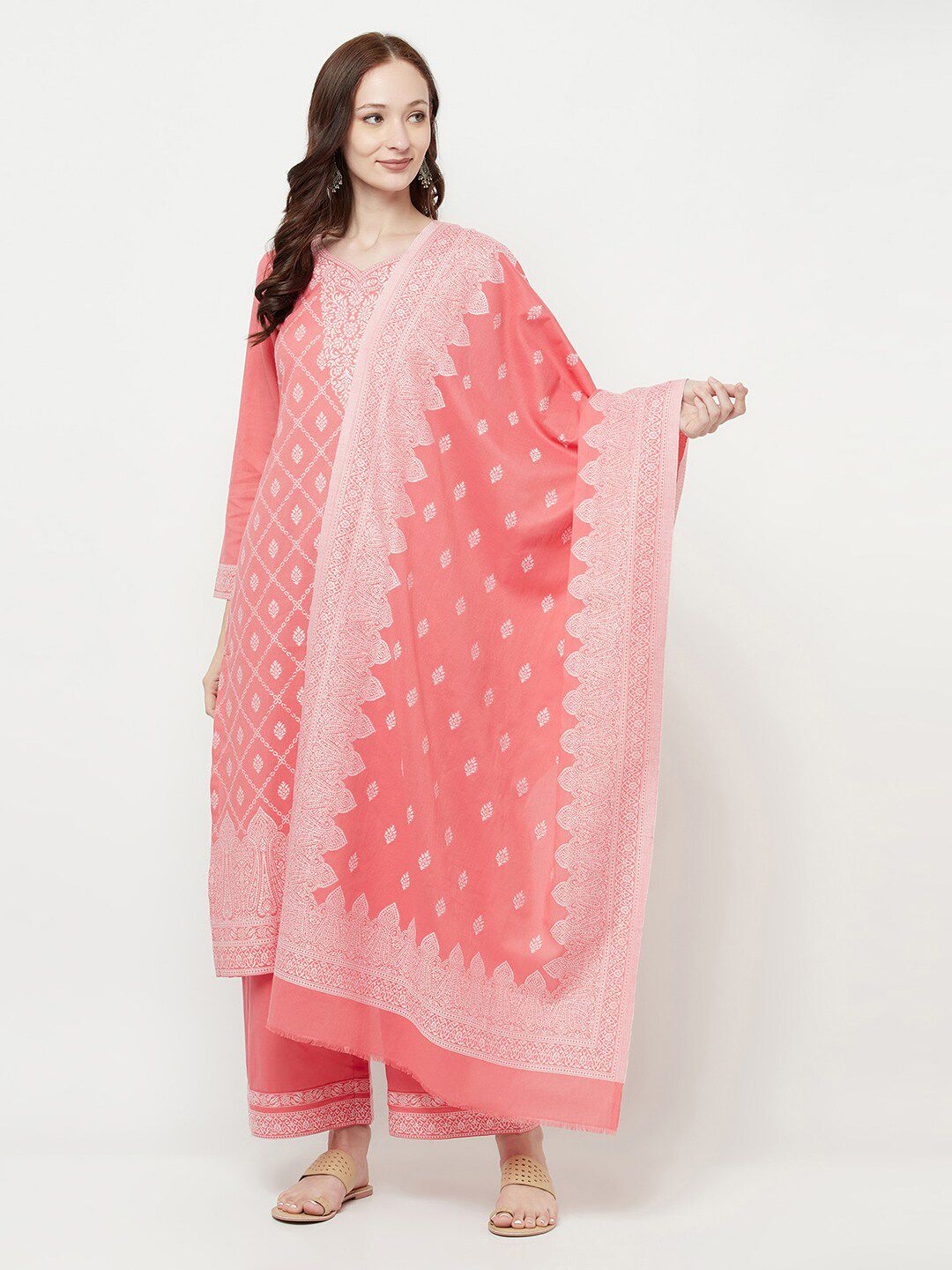 Safaa Pink & White Unstitched Dress Material Price in India