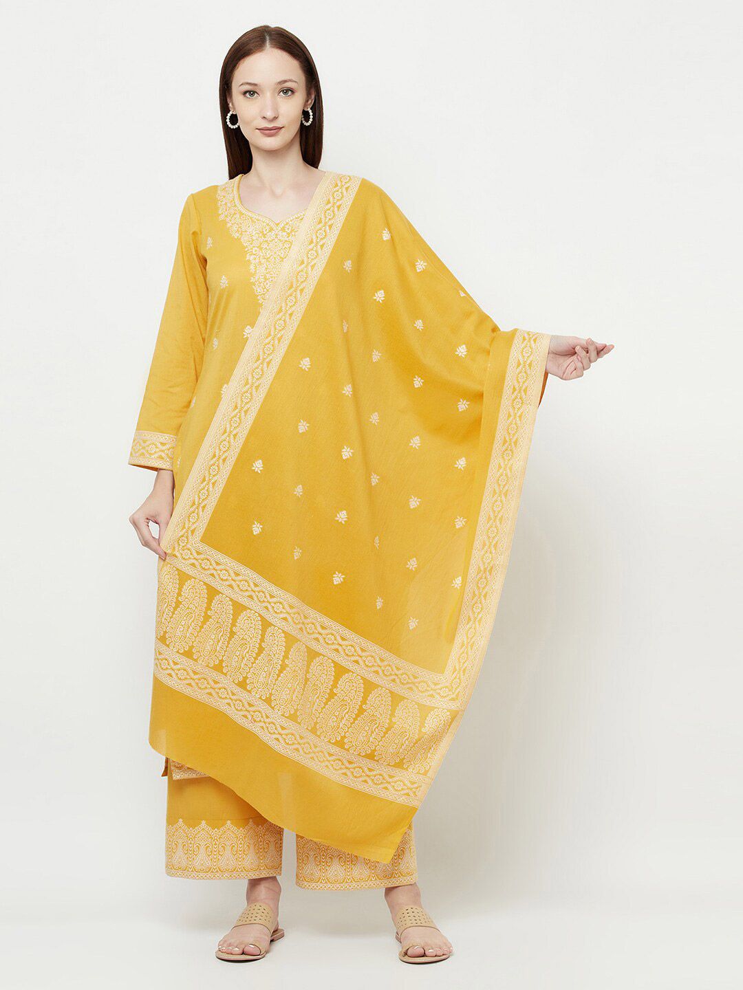 Safaa Yellow & White Unstitched Dress Material Price in India