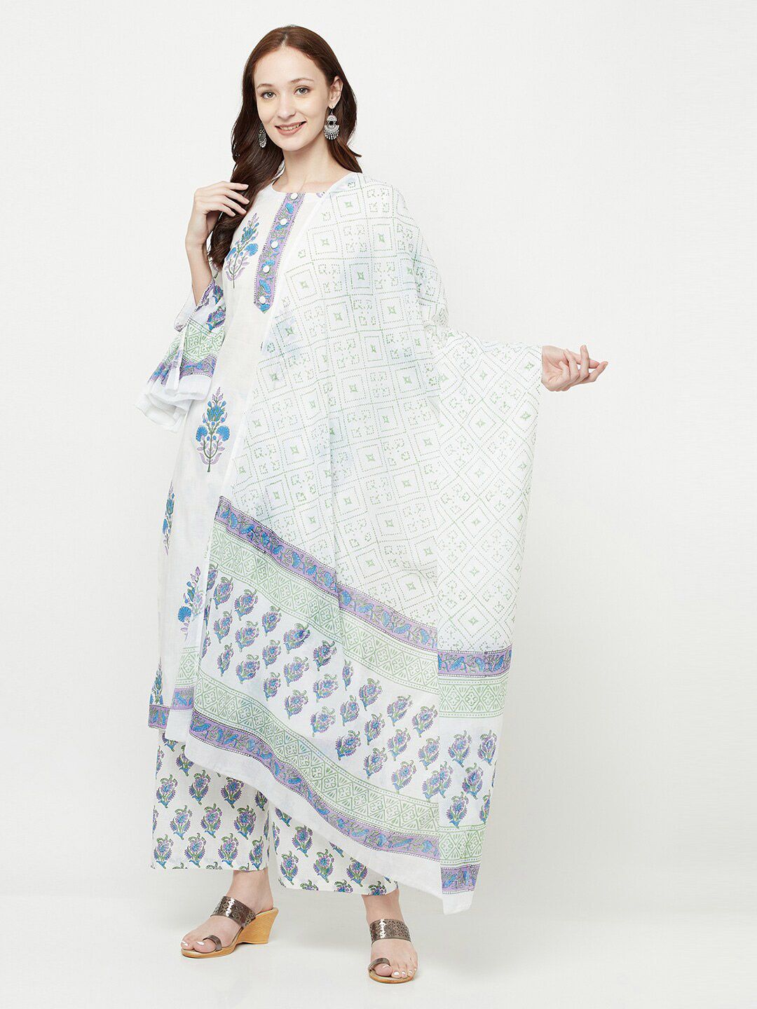 Safaa White & Blue Printed Unstitched Dress Material Price in India