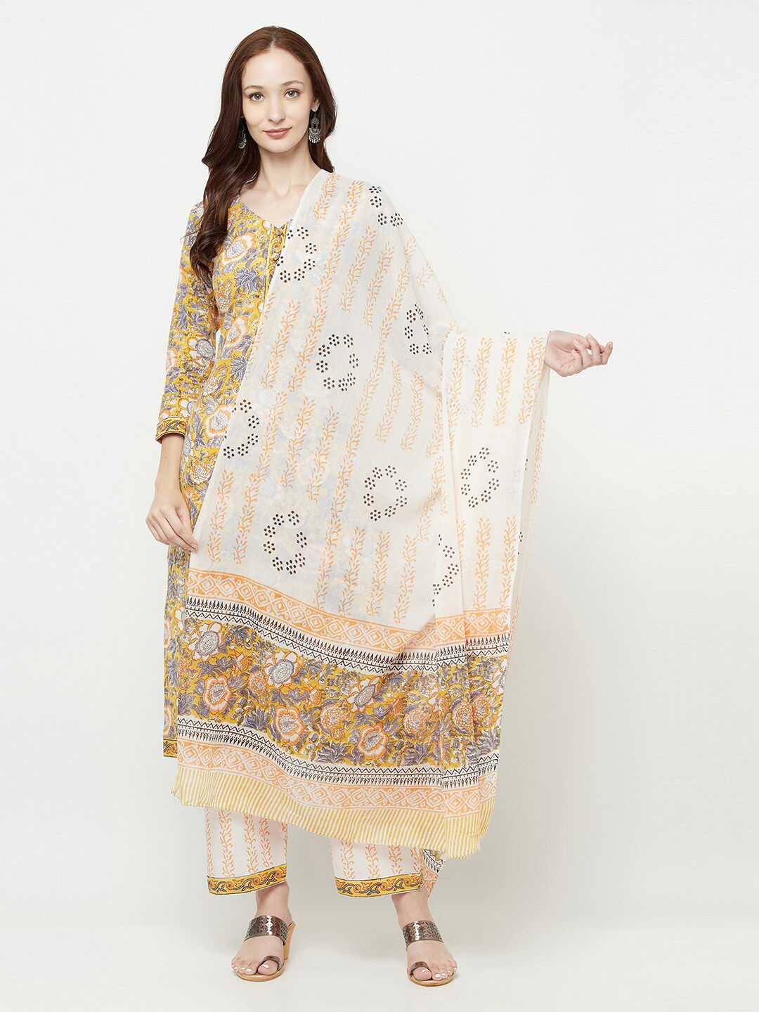 Safaa Beige & White Printed Unstitched Dress Material Price in India