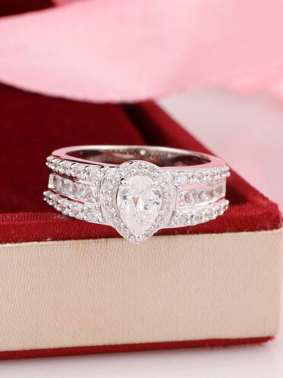 Silgo Rhodium-Plated Silver-Toned White CZ Studded Finger Ring Price in India