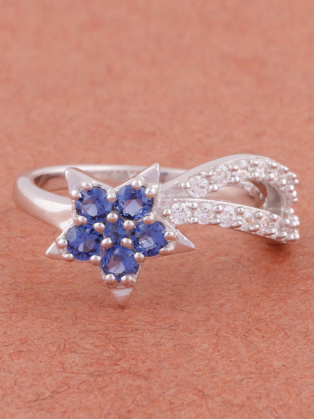 Silgo Rhodium-Plated Silver-Toned Blue & White CZ Studded Finger Ring Price in India