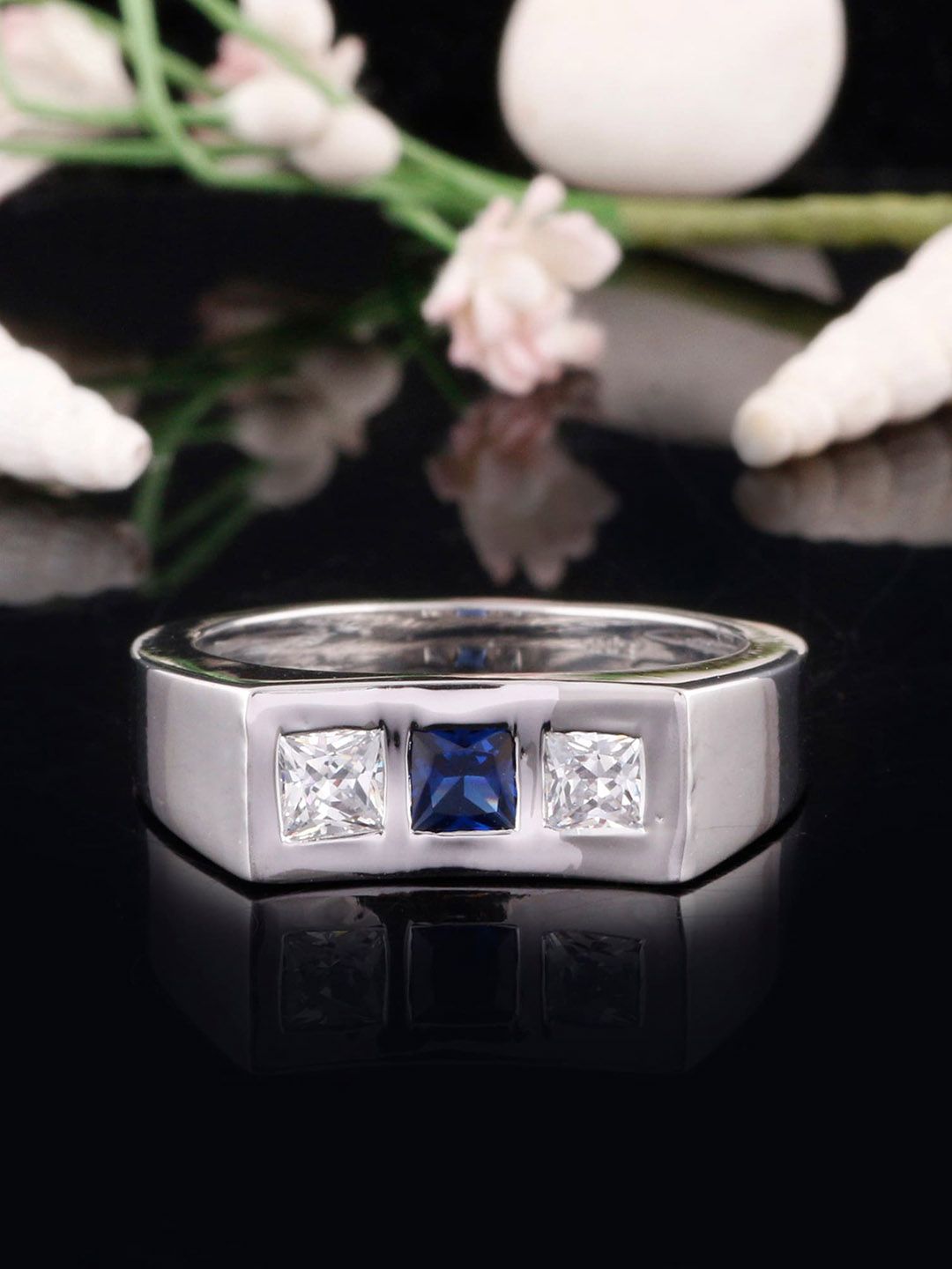 Silgo Sterling Silver Rhodium-Plated White & Blue CZ-Stone Studded Finger Ring Price in India