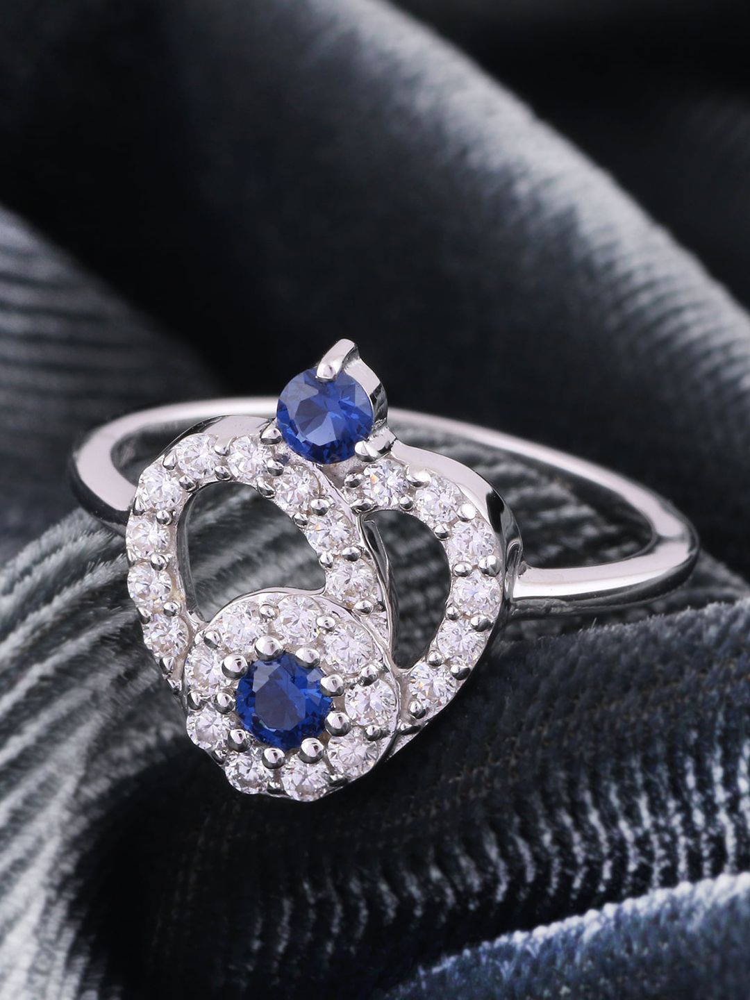 Silgo925 Sterling Silver Rhodium-Plated White & Blue CZ-Studded Finger Ring Price in India