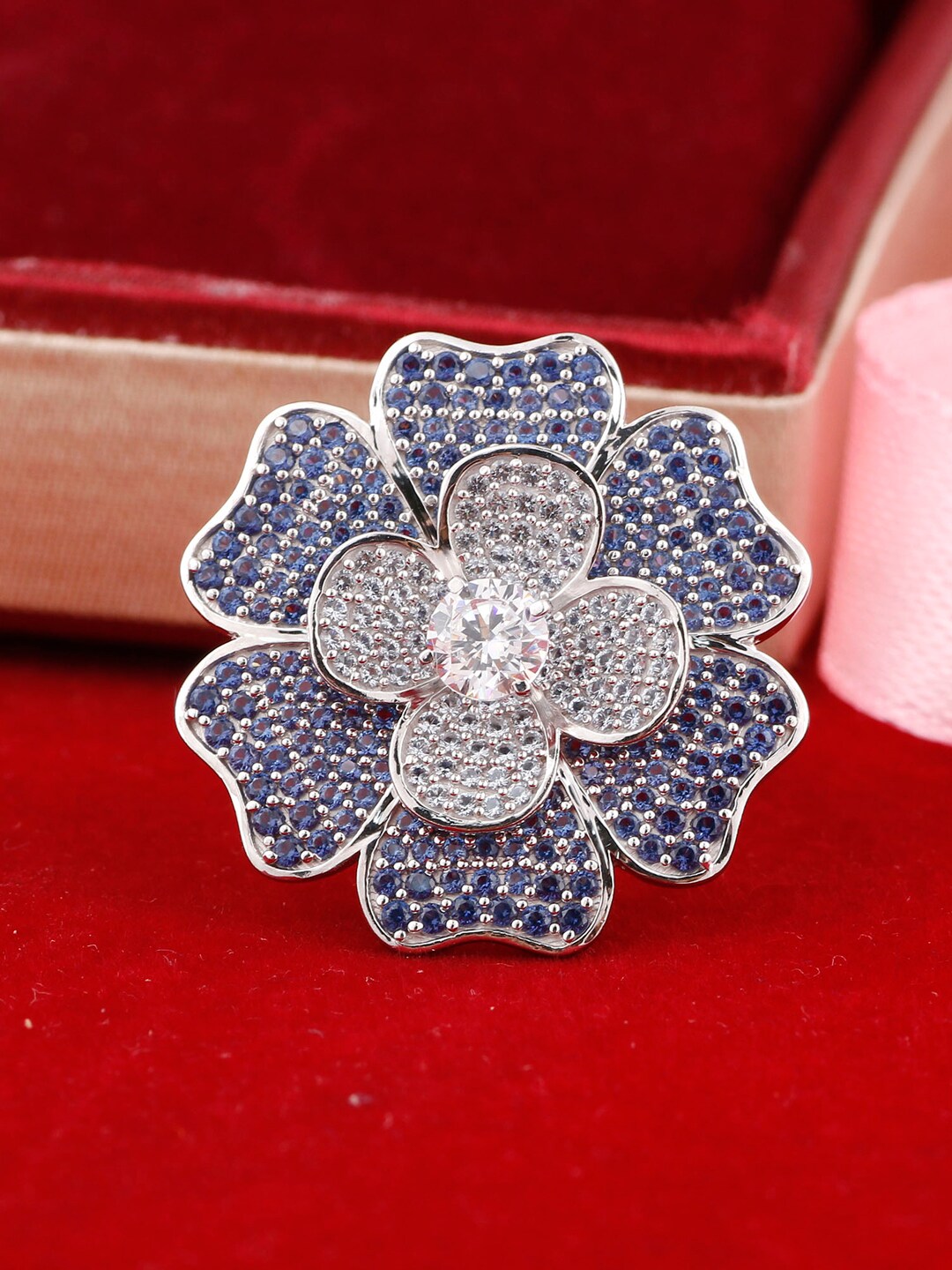 Silgo 925 Sterling Silver Rhodium-Plated White & Blue CZ-Studded Finger Ring Price in India