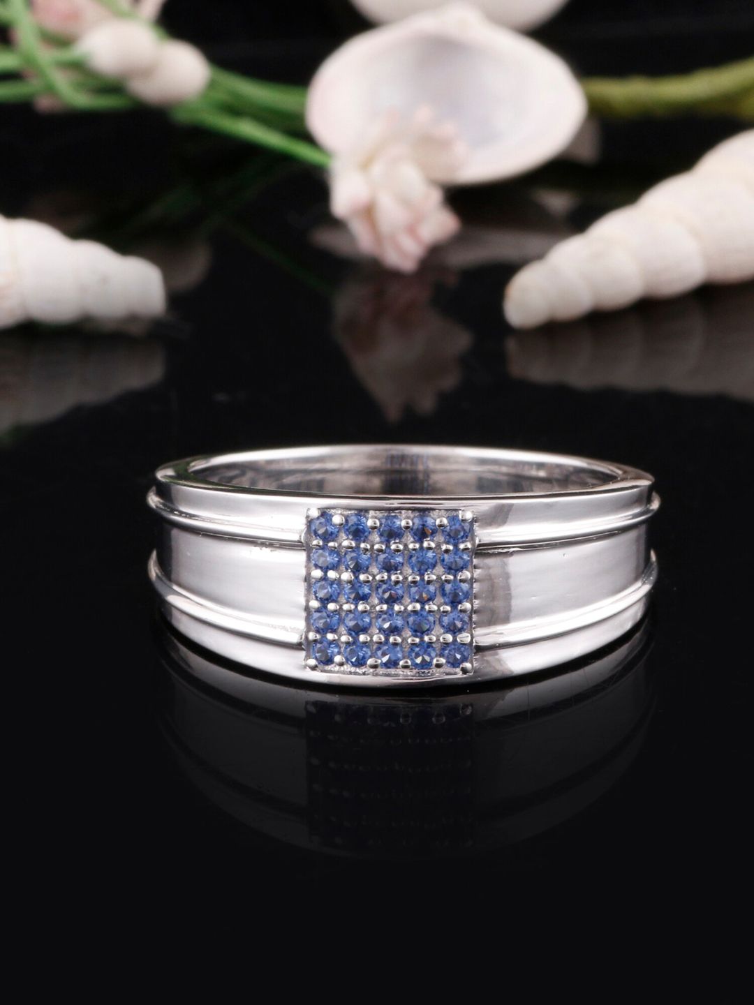 Silgo 925 Sterling Silver Rhodium-Plated Blue CZ-Studded Finger Ring Price in India