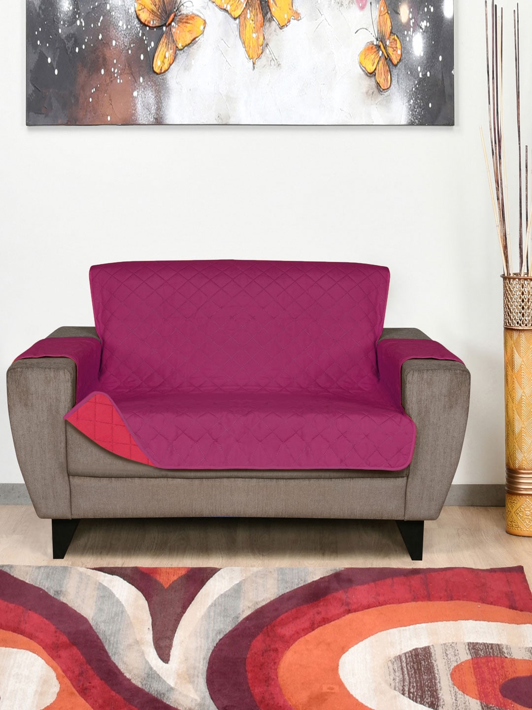 Athome by Nilkamal Lavender & Fuchsia 2 Seater Reversible Sofa Cover Price in India