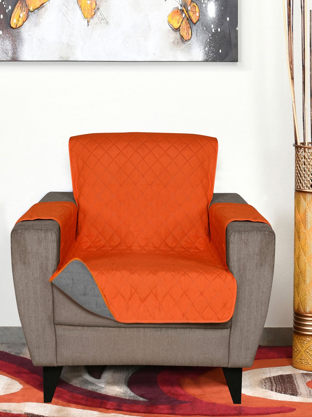 Athome by Nilkamal Orange & Grey Reversible One Seater Sofa Cover Price in India