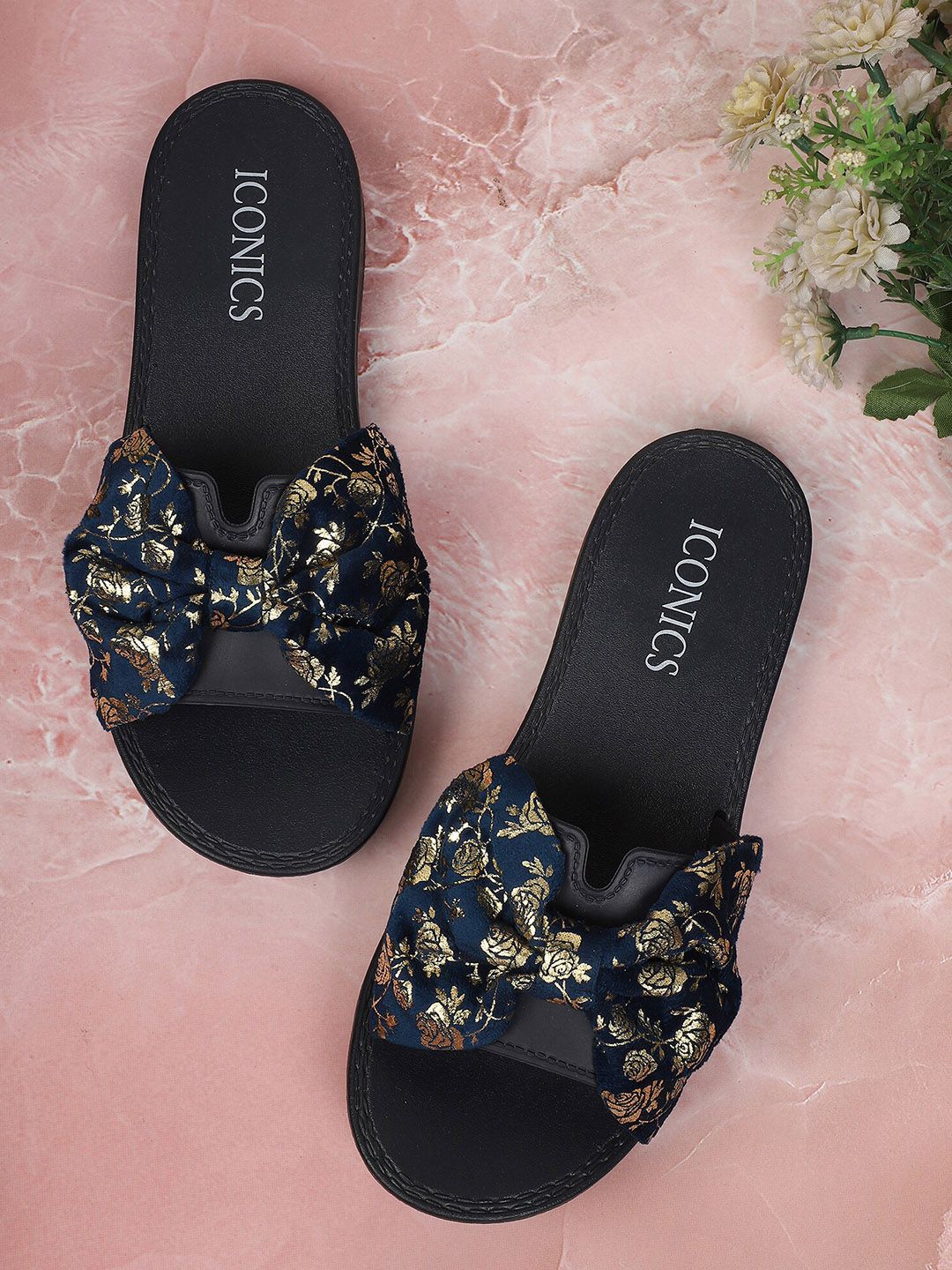 ICONICS Women Navy Blue Printed Sliders Price in India