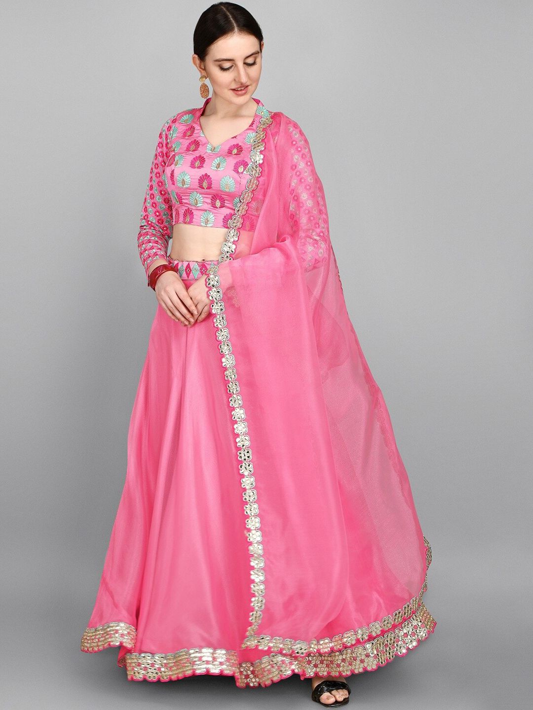 Fashion Basket Pink Embroidered Semi-Stitched Lehenga & Blouse With Dupatta Price in India