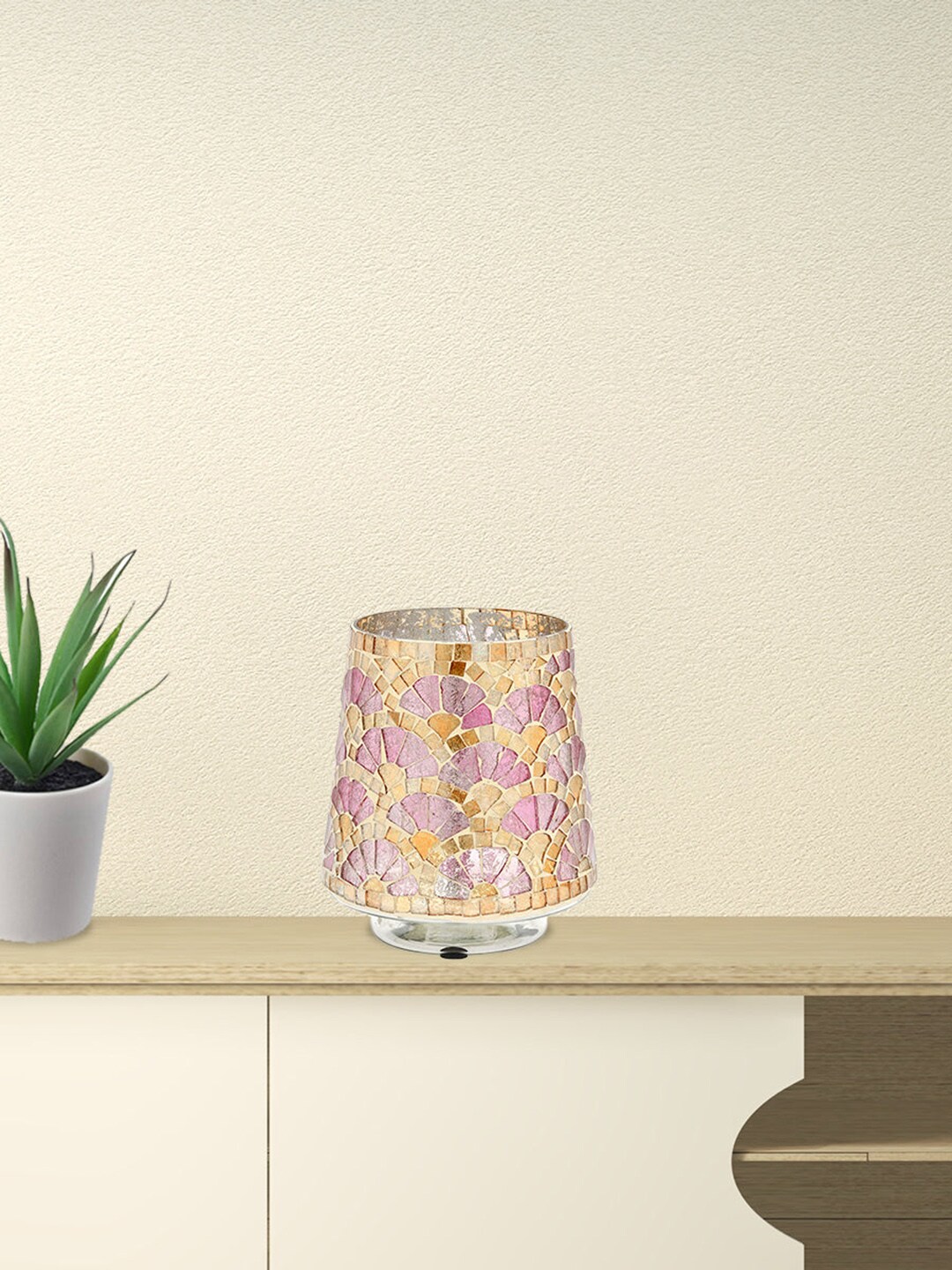 Athome by Nilkamal Pink & Gold Textured Cylindrical Mosaic Vase Price in India