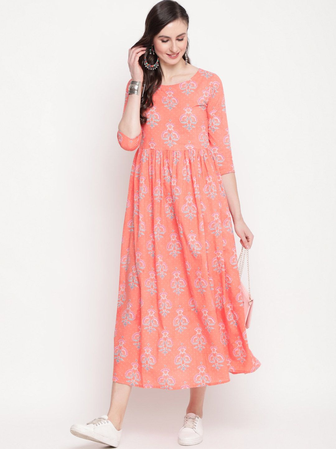 KIMAYRA Peach-Coloured Ethnic Motifs Ethnic Midi Dress Price in India