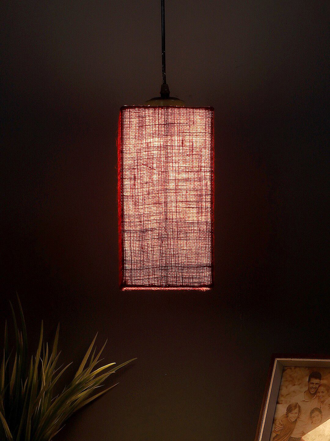 Devansh Maroon Solid Square Iron Jute Shade Hanging Lamp Price in India