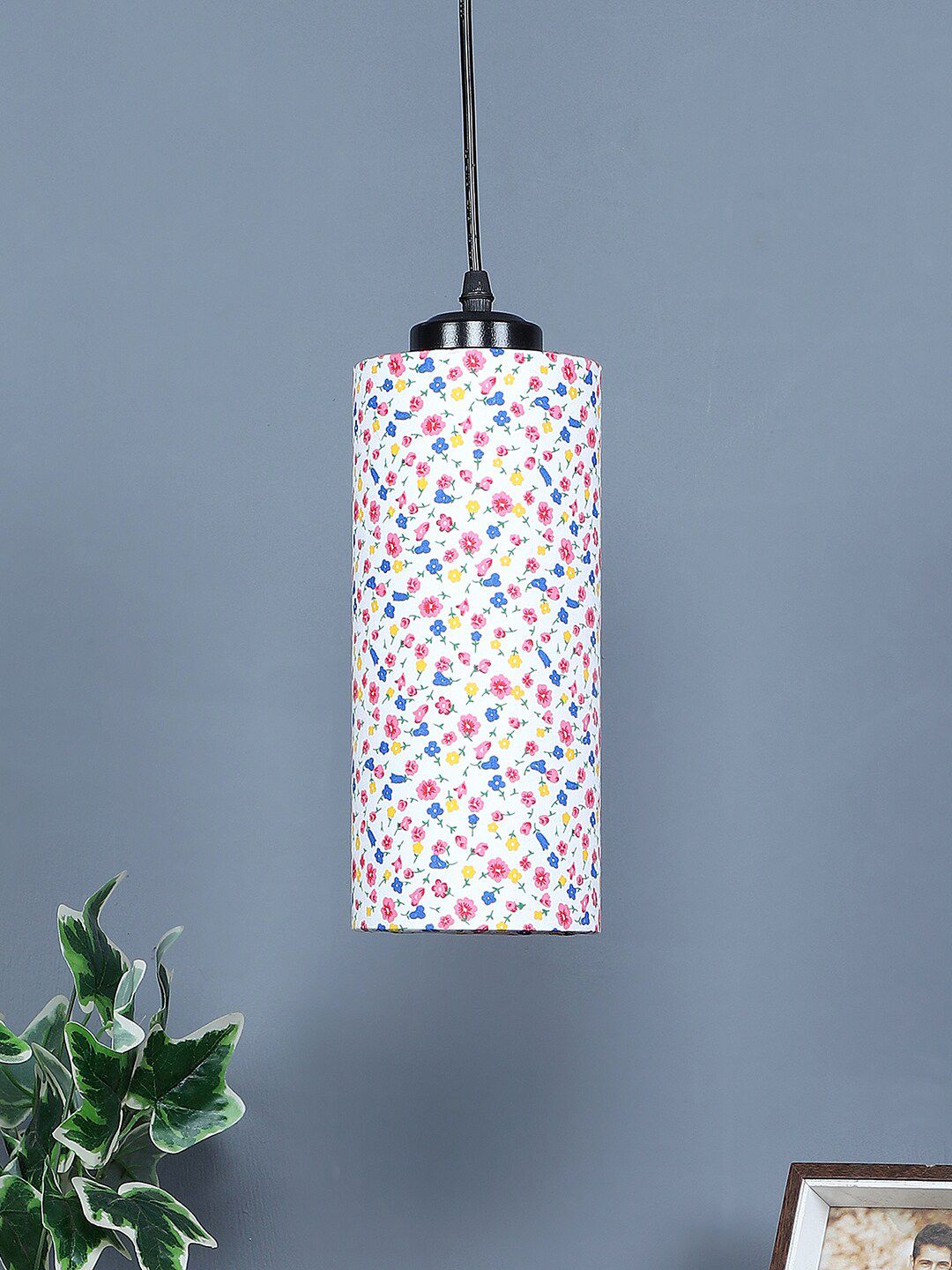 Devansh Multicolored Printed Cylindrical Iron Cotton Shade Hanging Lamp Price in India