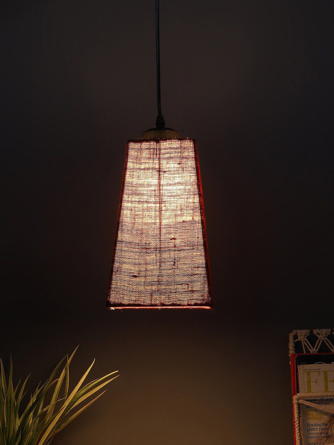 Devansh Maroon Pyramid Iron Hanging Lamp With Jute Shade Price in India