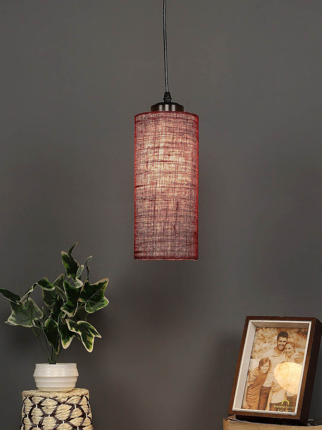 Devansh Maroon Jute Cylindrical Contemporary Hanging Lamp Price in India