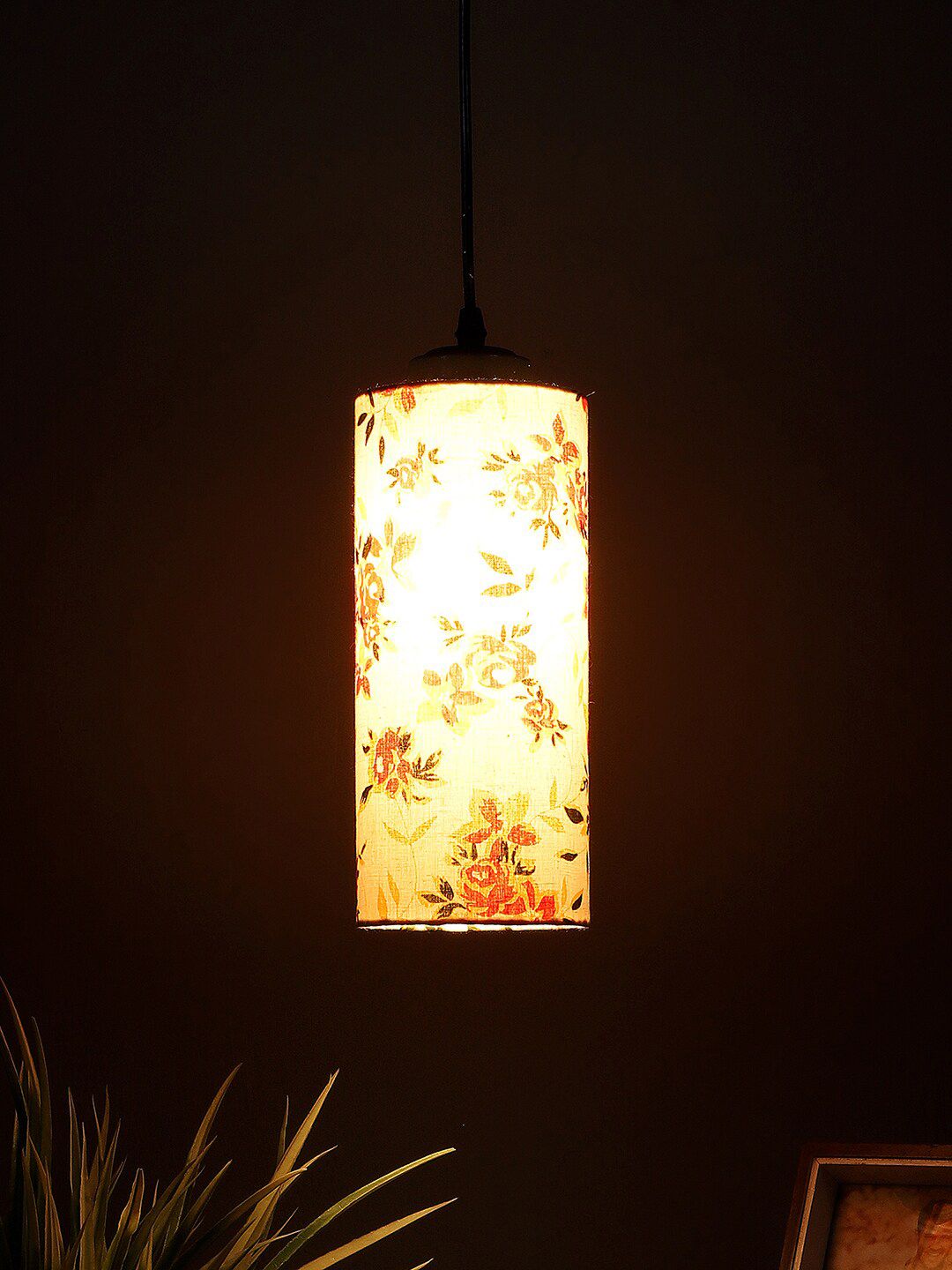 Devansh White & Orange Printed Cotton Cylindrical Hanging Lamp Price in India