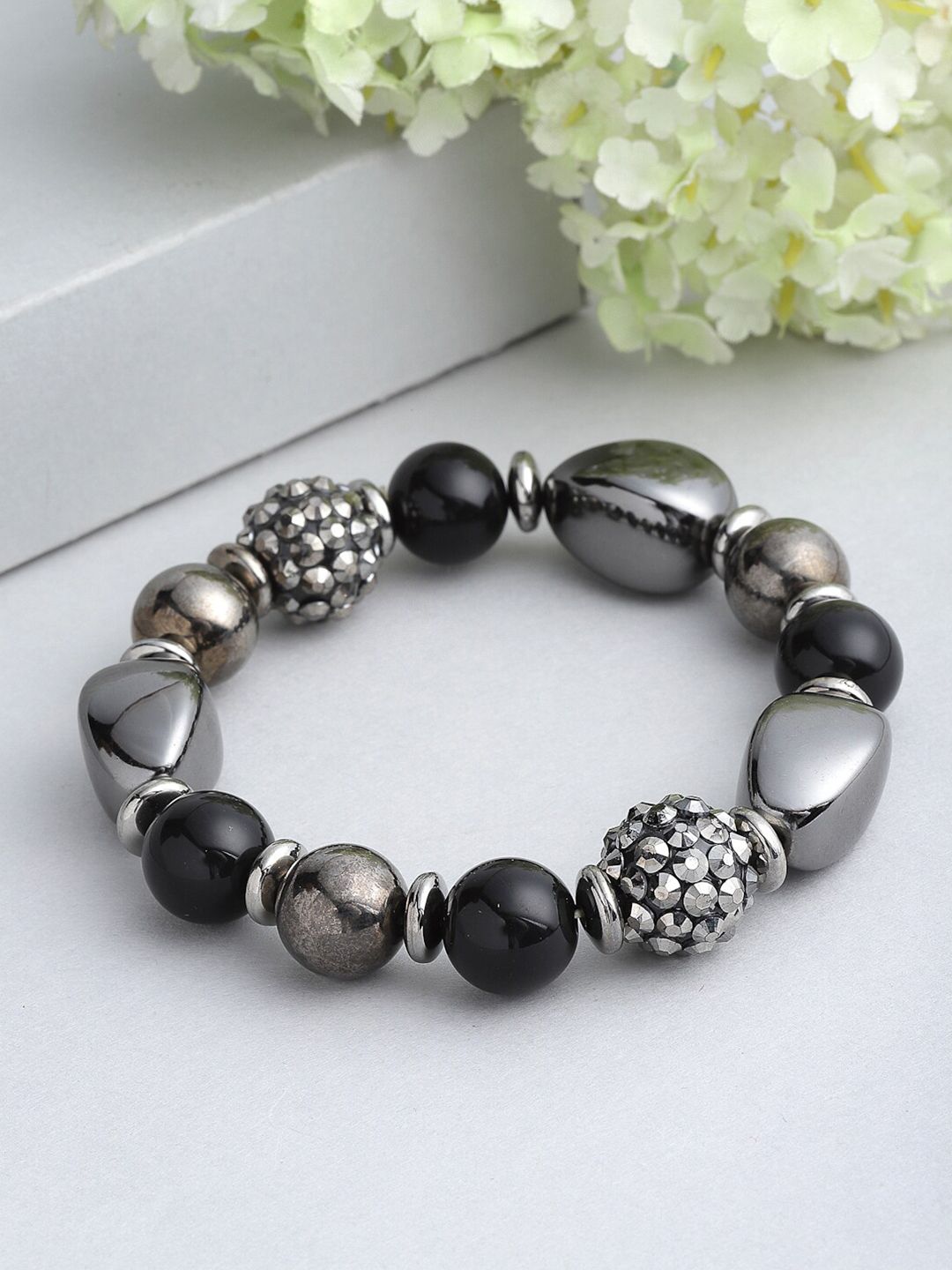 PANASH Women Black & Silver-Toned Brass Pearls Handcrafted Charm Bracelet Price in India
