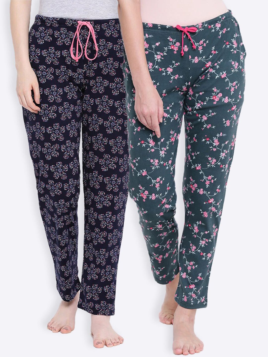 Kanvin Women Pack of 2 Navy Blue & Green Printed Cotton Lounge Pants Price in India