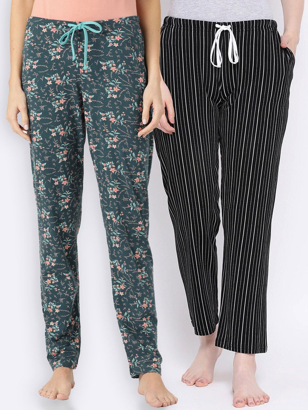 Kanvin Women Pack of 2 Black & Green Printed Cotton Lounge Pants Price in India