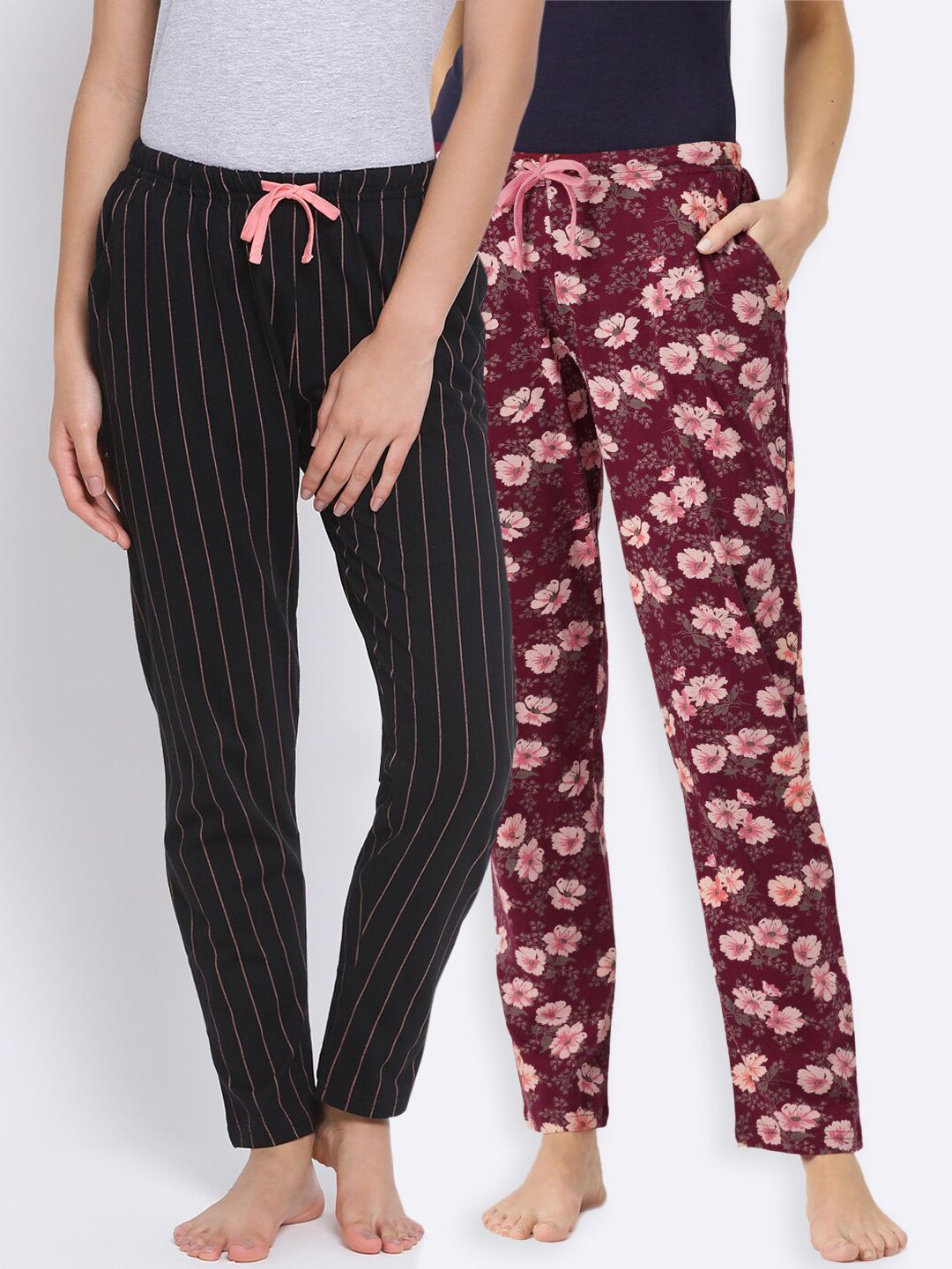 Kanvin Women Pack of 2 Black & Maroon Printed Cotton Lounge Pants Price in India