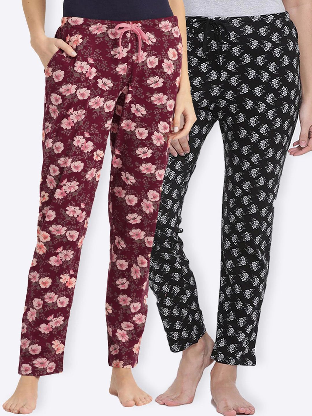 Kanvin Women Pack of 2 Black & Maroon Printed Cotton Lounge Pants Price in India