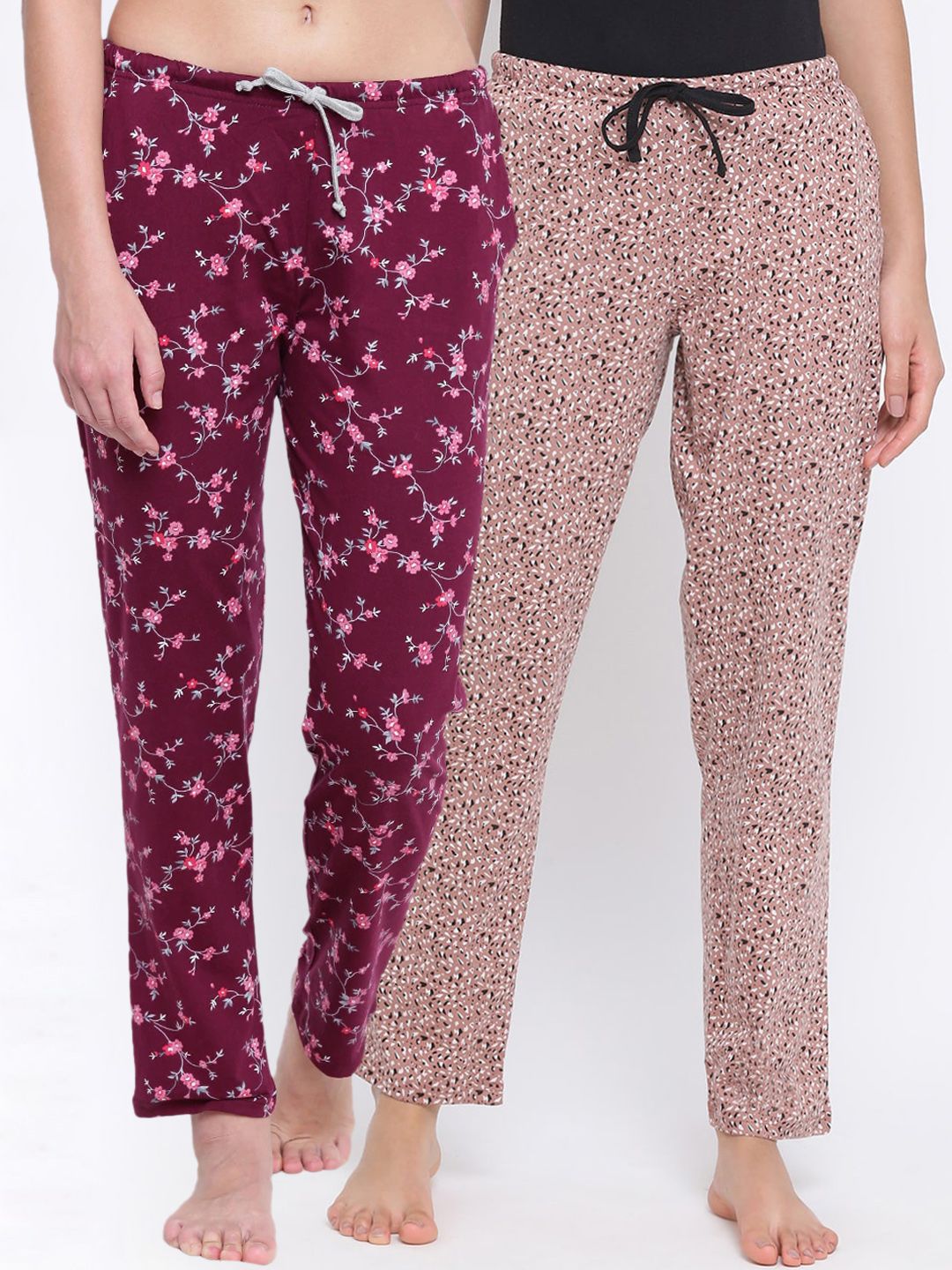 Kanvin Women Pack of 2 Maroon & Pink Printed Cotton Lounge Pants Price in India