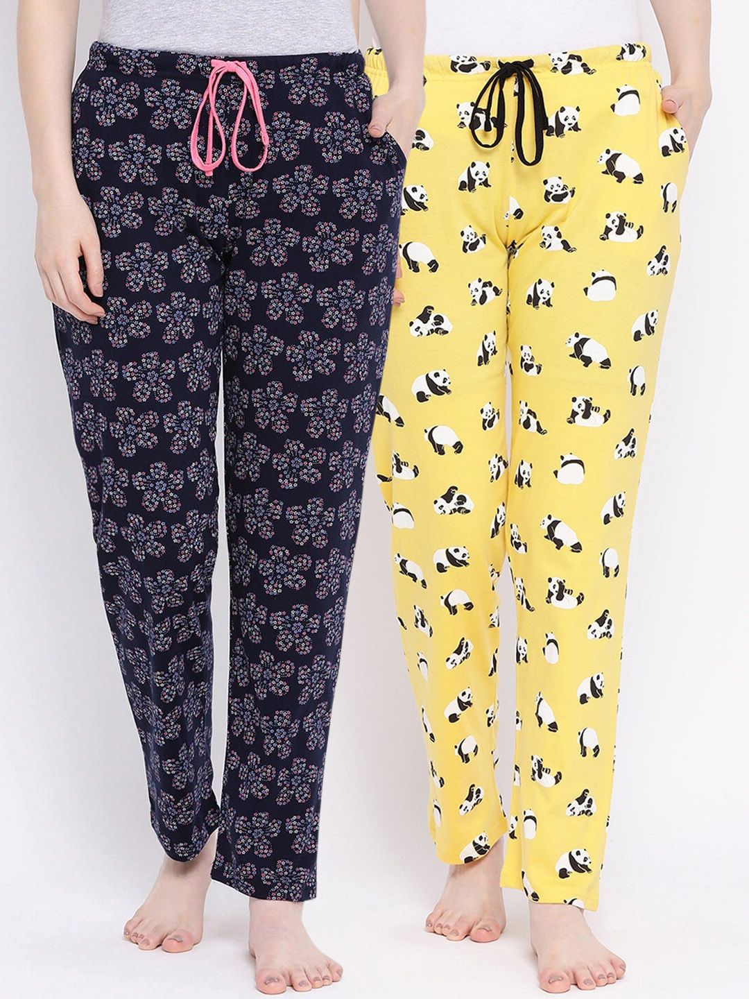 Kanvin Women Pack of 2 Navy Blue & Yellow Printed Cotton Lounge Pants Price in India