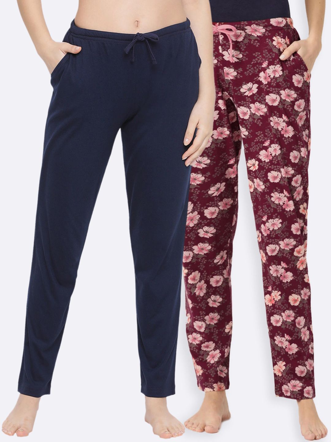 Kanvin Women Pack of 2 Navy Blue & Maroon Printed Cotton Lounge Pants Price in India