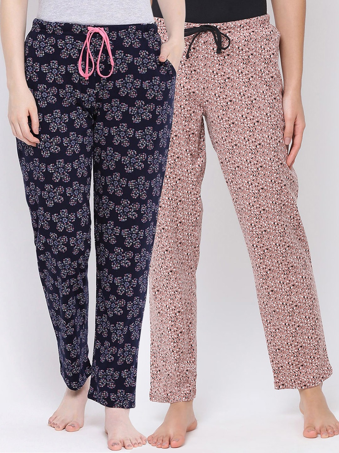 Kanvin Women Pack Of 2 Navy Blue & Brown Printed Cotton Lounge Pants Price in India