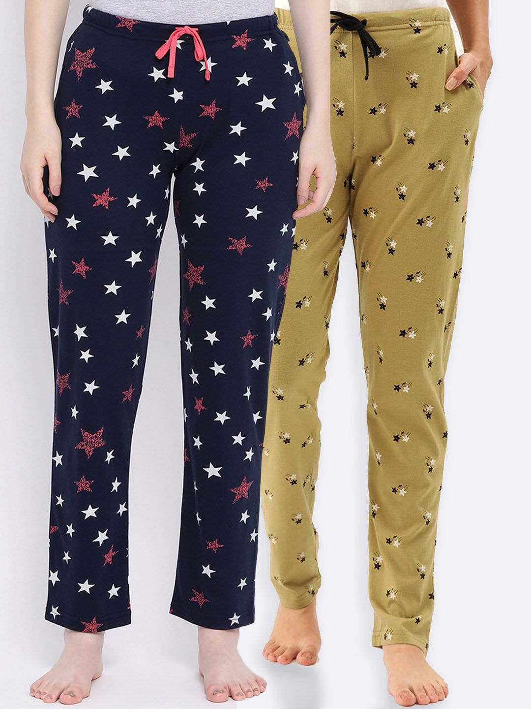 Kanvin Women Pack of 2 Navy Blue & Yellow Printed Cotton Lounge Pants Price in India