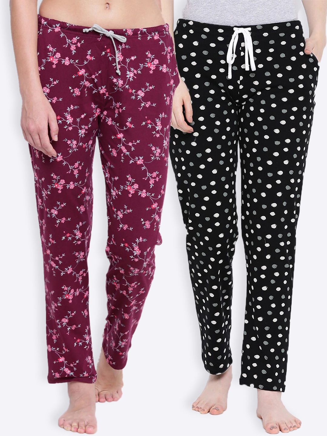 Kanvin Women Pack Of 2 Maroon & Black Printed Cotton Lounge Pants Price in India