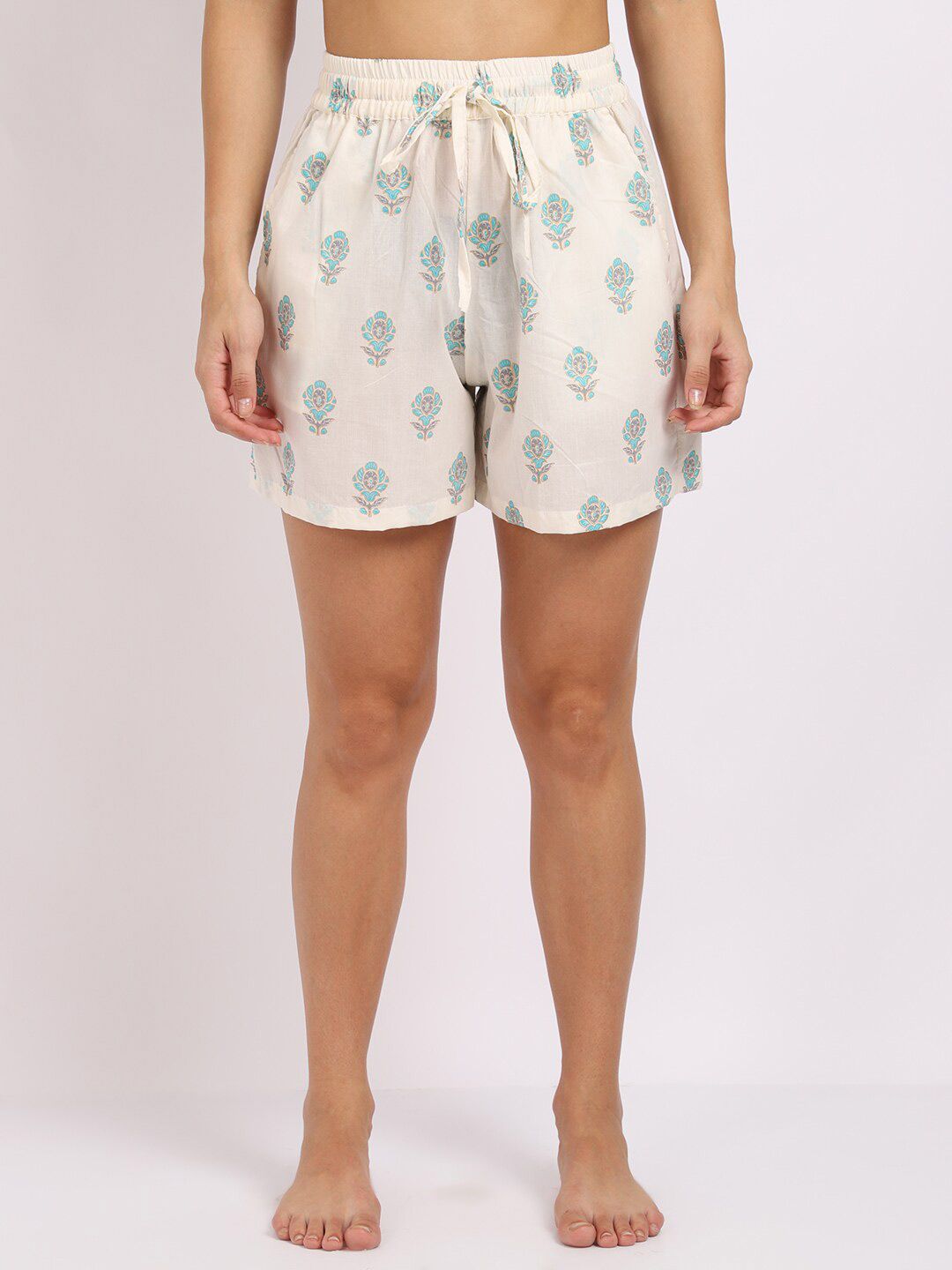 TAG 7 Women White & Blue Printed Lounge Shorts Price in India