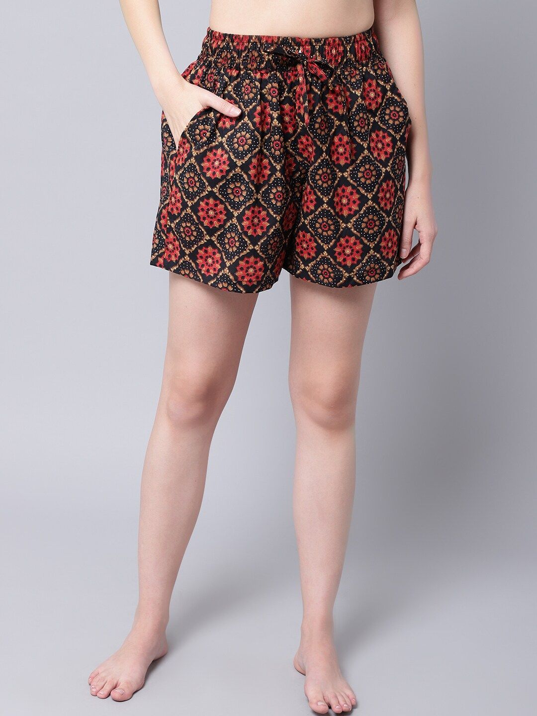 TAG 7 Women Black & Red Printed Cotton Lounge Shorts Price in India